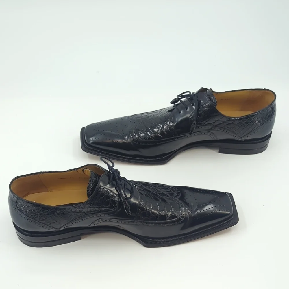 MEZLAN Platinum Wingtip Oxford Lace Up Shoes Black Crocodile Inset Sz 16 - Picture 7 of 11